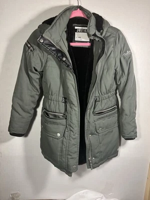 Girls Justice Fur Lined Parka Size 10 Olive Green Coat Faux Fur Hood Pockets - Image 1 of 4