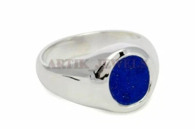 Naturale Lapislazzuli Gemma Con 14K Placcato Oro Bianco Argento Uomo Anello #983 - Immagine 1 di 4