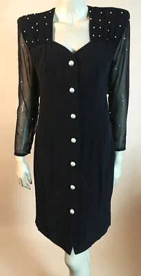 20 世纪 80 年代复古黑色半透明雪纺珍珠袖纽扣前派对连衣裙 S — 第 1/4 张图片