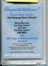 2023 TOPPS DEFINITIVE COLLECTION DUAL AUTOGRAPH RELIC JUAN SOTO MANNY MACHADO