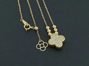 18K Gold Reversible Clover Necklace 0.30ct Diamond & Black Onyx Pendant 4.2g - Picture 1 of 6