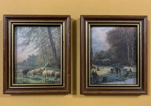 2 Vtg Artistic Chromolithograph Print on Silk Wood Frame Landscape Italy 4.5x3.5 - Foto 1 di 18