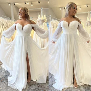 Chiffon Wedding Dresses with Side Split Off the Shoulder Plus Size Bridal Gowns - Picture 1 of 14