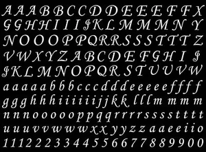 Corsiva Font Alphabet 180 pcs 3/8 Inch Tall White Fused Glass Decals - Picture 1 of 2