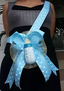 Baby Shower Mom To Be It's a Boy Sash Blue Bottle Polkadots Ribbon and Corsage  - Picture 1 of 9