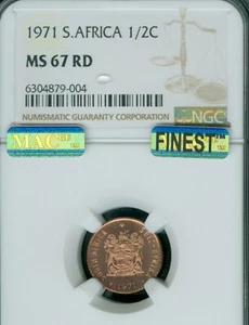 1971 SOUTH AFRICA 1/2 CENT NGC MS67 RD MAC FINEST GRADE & MAC SPOTLESS RARE * - Picture 1 of 2