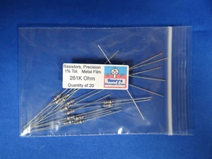 Resistencias, película metálica, 1/4 vatio, 1%, cable axial, 261K ohmios (261.000) - CANTIDAD de 20 - Imagen 1 de 1
