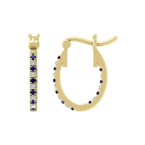 10K Yellow Gold Round Natural Diamond & Blue Sapphire Hoop Earrings - Picture 1 of 9