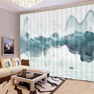 Smoky Ink Blue Mountain 3D Curtain Blockout Photo Printing Curtains Drape Fabric - Picture 1 of 12