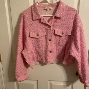 Pink Bling Jean Jacket Short By Peach Love Sz M - Picture 1 of 4