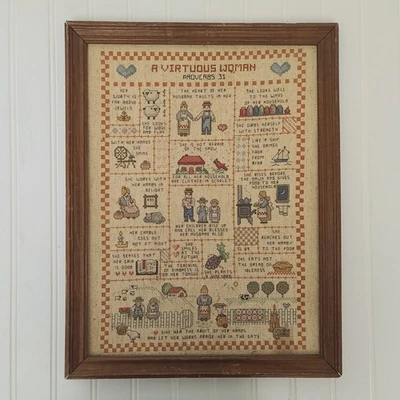Bordado punto de cruz enmarcado acabado vintage crewel una mujer virtuosa 17"x13" Foto 1 de 4