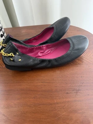 Lauren Ralph Lauren Ballet Flats Barb Black Leather Gold Chain Designer 8.5 - Image 1 of 4