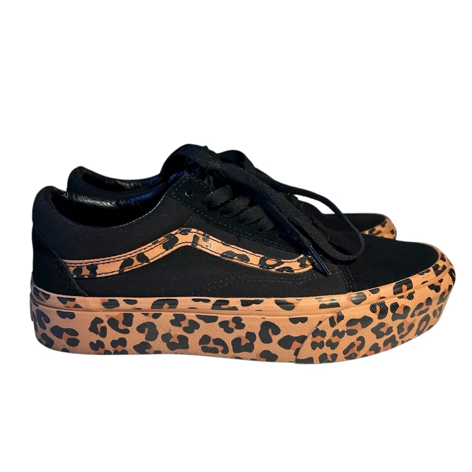 Vans Old Skool Platform Women's Sz 8.5 Black Brown Leopard Print Shoes Suede M-7 - Image 1 of 4