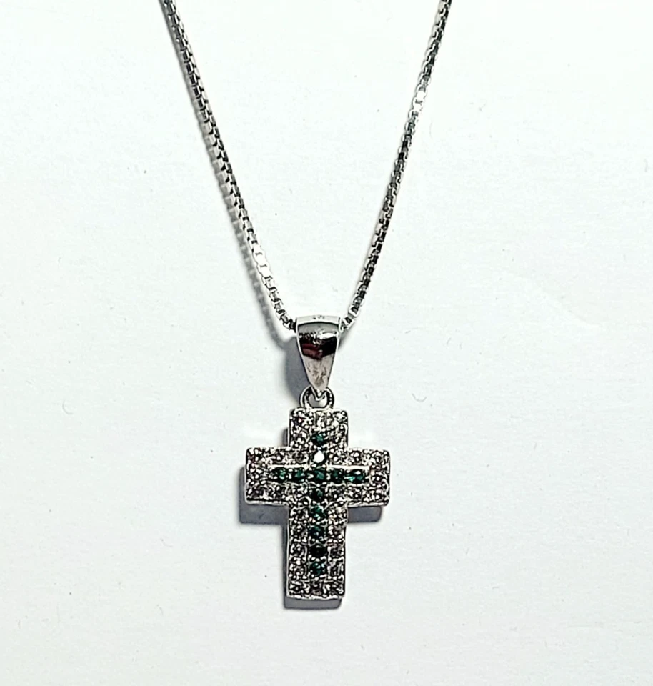 Collana Catena Veneziana Crocetta Argento925 Ciondolo Pendente Zirconi Brillanti - Immagine 1 di 4