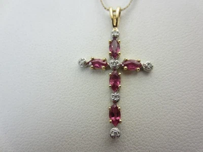 14K Yellow White Gold Ruby and Diamond Cross Pendant Necklace Chain Christian - Image 1 of 4