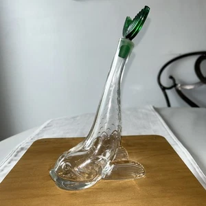 Vintage Rare Clear Glass Fish Bottle with Green Tail Stopper 7.75”Hx4.5”Lx2”W - Picture 1 of 16