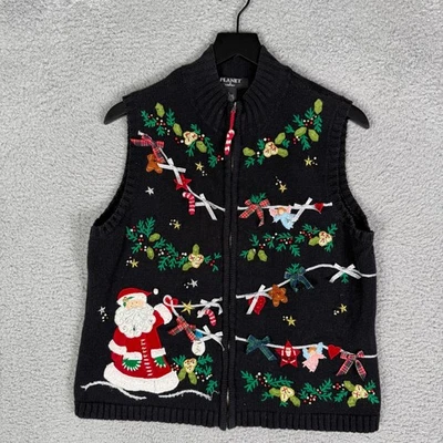 Vintage 90's Christmas Sweater Vest Women's Large Santa Clause All Over Print - Image 1 of 4