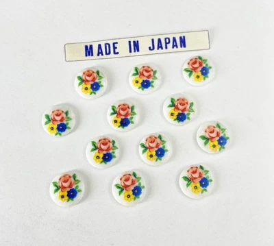12 Vintage Japanese Glass Pink Rose, Yellow & Blue Flowers 10mm Round Cameos 514 - Image 1 of 4