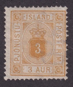 MATT'S STAMPS SCOTT ICELAND #O4 YELLOW 3 AURAR 1876-95 OFFICIAL ISSUE MRG CV$55 - Picture 1 of 3