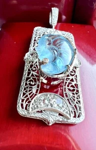 Antiguo colgante de topacio azul camafeo diamante antiguo mina natural de oro blanco de 14 quilates de 1 quilate - Imagen 1 de 14