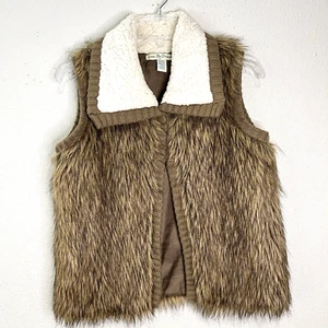 Y2K 2000’s Faux Fur Vest Womens M Brown Sherpa Collar One Button Close Lined - Picture 1 of 10