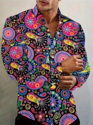 Рубашка на пуговицах мужчин цветной пейсли платье вверх длинным рукавом моды красный розовый футболка - Изображение 1 из 4