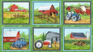 Farm Barn Tractor Cotton Fabric Wilmington Green Mountain Farm 24"X44" Panel - Picture 1 of 1