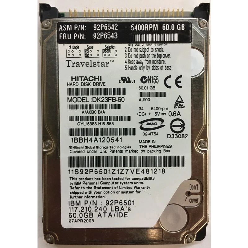 92P6542 - IBM 60GB 5400 RPM IDE 2.5" HDD - Image 1 of 1