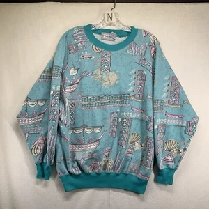 Sudadera Vintage Estampado Completo Mediana Isleño Pesca Conchas Marinas Tribal - Imagen 1 de 17