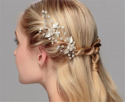 Crystal Hair Pins Pearls Bridal Dress Accessories Beaded Leaf Wedding Headdress - Image 1 of 4