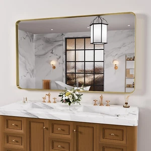 Gold Bathroom Mirror, 60X30 Inch Thick Brushed Metal Frame Wall Mirror, Modern R - Picture 1 of 8