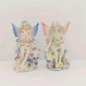 Porcelain Fairy Figurines Set Of 2 Floral Butterfly Rose 5.5" - Picture 1 of 12