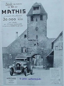 PUBLICITE MATHIS AUTOMOBILE LA 10 CV 4 VITESSES VILLAGE FRANCE DE 1926 FRENCH AD - Picture 1 of 1