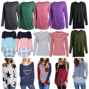 Womens Basic Long Sleeve Round Neck Basic Ladies Stretch T-Shirt Top Cotton - Picture 1 of 249