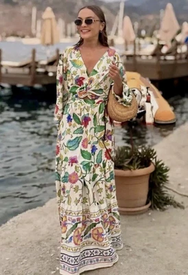 Zara Floral Printed Maxi Dress Small Linen Blend Puff Sleeves Cottage Resortwear - Image 1 of 4