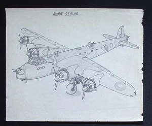 Original WWII Hand-Drawn Aircraft Illustration – Short Stirling Heavy Bomber - Picture 1 of 2
