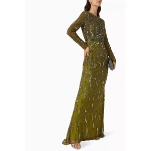 Neu mit Etikett Mac Duggal 5124 Damen olivgrün Perlen Langarm Abendkleid Größe 20 - Bild 1 von 24