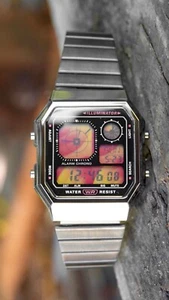 Gunmetal Fire – Modified Watch Based on Casio A130 – Fire-Red Gradient Screen - Picture 1 of 8