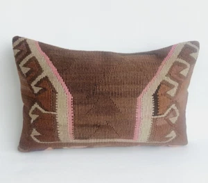 Tribal Turkish Kilim Pillow Cover , 16x24 inches Brown and Pink Kilim Pillow - Picture 1 of 9