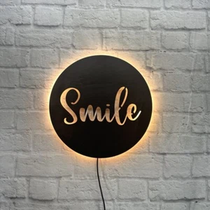 Smile Schild Schriftzug Holz LED Beleuchtung Geschenk für Geburtstag Wanddeko - Imagen 1 de 5