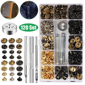 120 Set Leather Snap Fasteners Kit 6 Colors Button Press Studs Hole Punch Tools - Picture 1 of 6