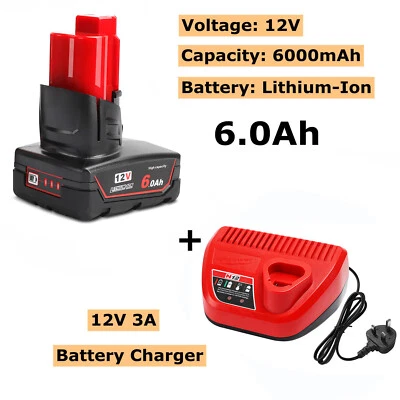 12V 6.0Ah Li-ion Battery for Milwaukee M12 XC 48-11-2401 2402 2440 + Charger