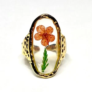 18k Gold Plated Stainless Steel Pressed Pink Flower & Green Leaf Adjustable Ring - Picture 1 of 8