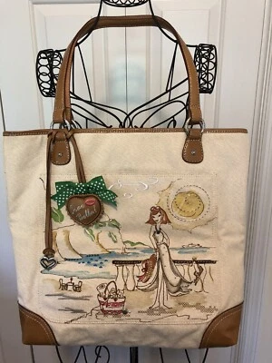 BRIGHTON Women Canvas Mermaid Seashore Handbag/Tote Leather, Silver Accents NWOT - Image 1 of 4
