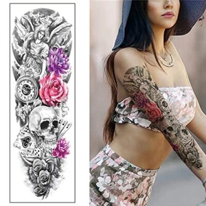 Wasserdicht Temporär Ganzarm Bein Tattoo Aufkleber Totenkopf Rose Engel Körperkunst - Bild 1 von 4