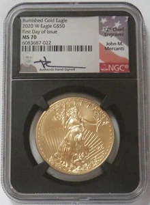 2020 W BURNISHED GOLD MERCANTI $50 AMERICAN EAGLE NGC MS 70 FIRST DAY OF ISSUE - Picture 1 of 2
