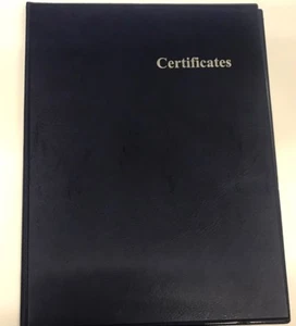 A4 CERTIFICATE PVC FOLDER IN BLUE LEATHER LOOK PVC WITH SILVER BLOCKED - Picture 1 of 2