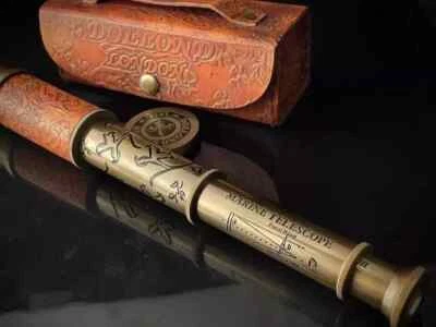 Telescopio pirata de vidrio espía de latón de 16,5" con cuero y caja | Decoración de regalo náutico Foto 1 de 4