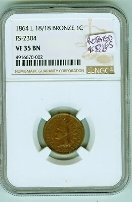 NGC 35 BN 1864 L Indian Cent FS #2304, Snow 4 Rotated Dies - Image 1 of 2