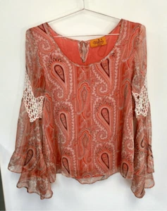 Voom by Joy Han Womens Orange Paisley Print Sheer Bell Sleeve Blouse Size Medium - Picture 1 of 9